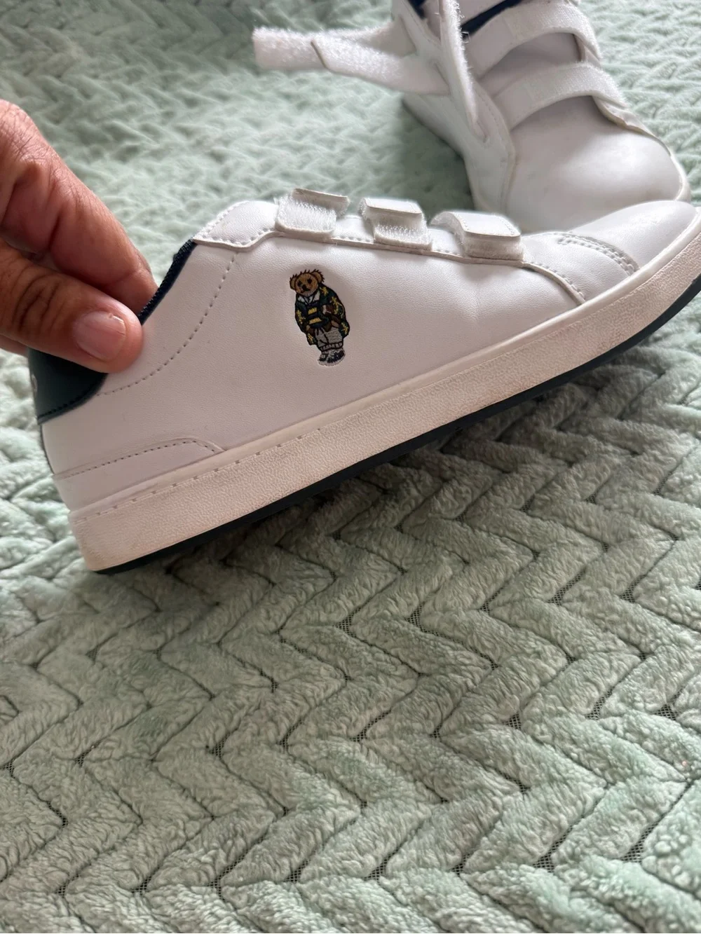 Polo by Ralph Lauren White Kids Velcro Sneakers with Navy Trim